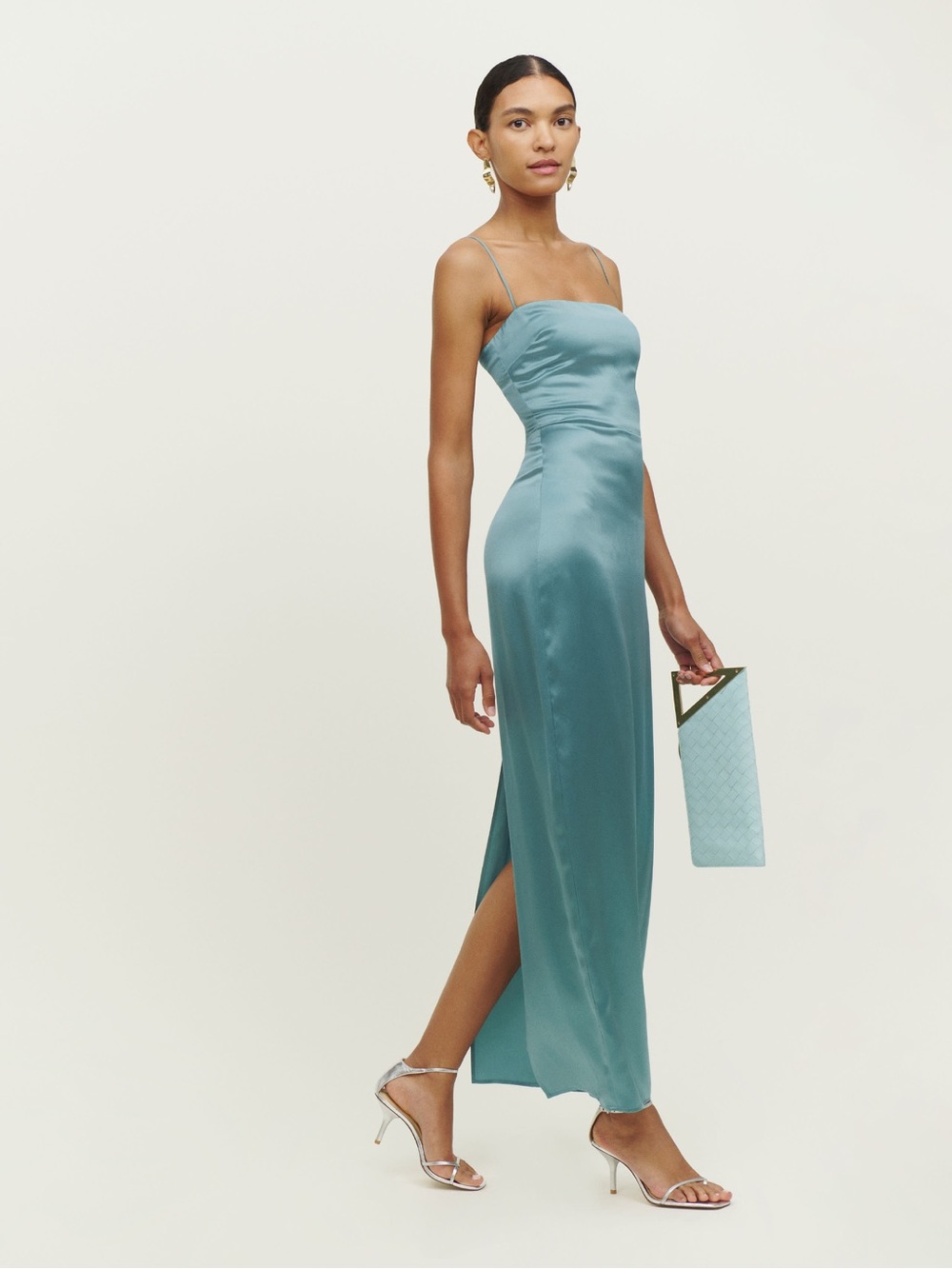 Reformation Teal Satin Maxi Slip Dress